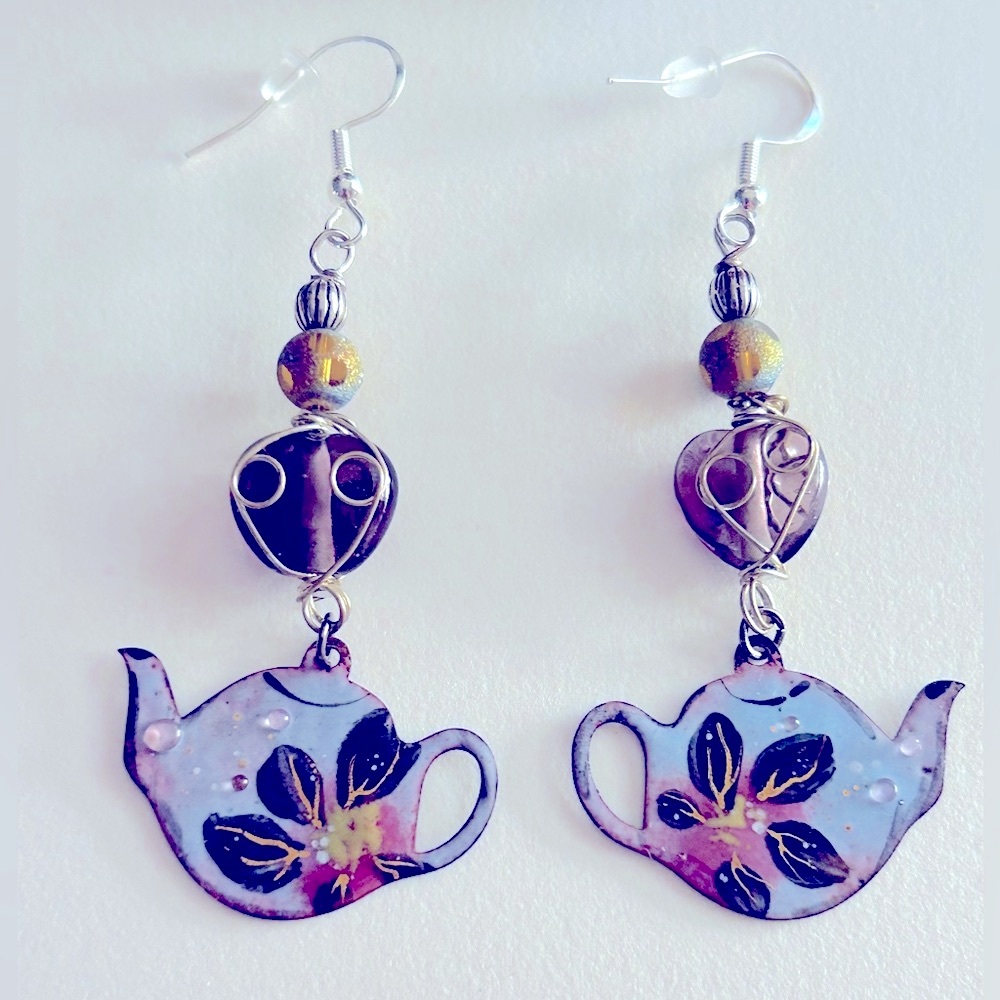 NWOT earrings Floral “I’m a Little Teapot” artisan Copper Enamel, Art Glass 2.5”